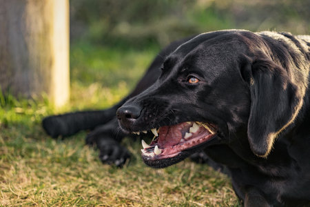 A black labrador retriever nibbles on a stick.の写真素材