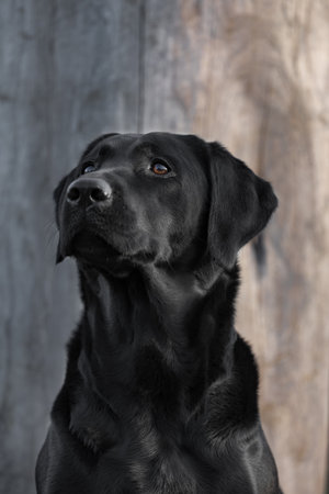 A black labrador retriever looks up.の写真素材