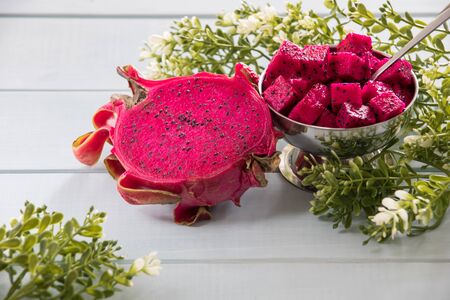 Dragon fruit cut on blue background.の写真素材