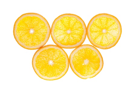 Fresh juicy orange sections put as sports competition wheels isolated on white background