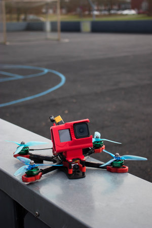 Fpv drone on the playground. close-up. selective focus.