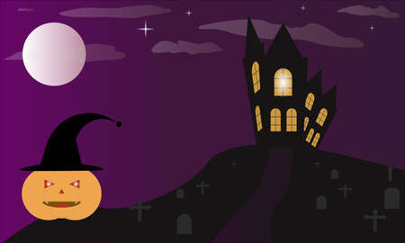 Helloween vector background illustration with pumpkin monster and scary night houseのイラスト素材