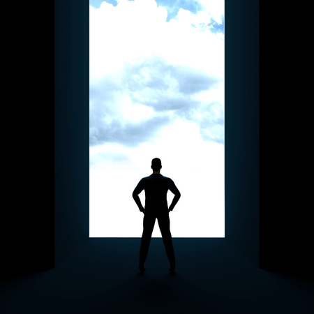 Young businessman looks in the glowing end. 3d renderの写真素材