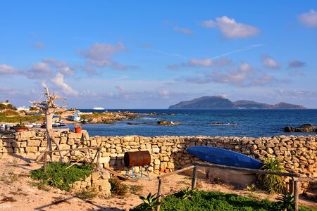 island of Favignana and on the horizon the island of levanzo province of trapani Sicily Italyの写真素材