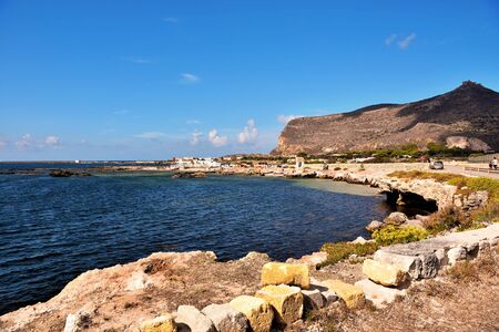 panorama of the village and tourists at the beach 26 2019 Favignana Sicily Italyのeditorial素材