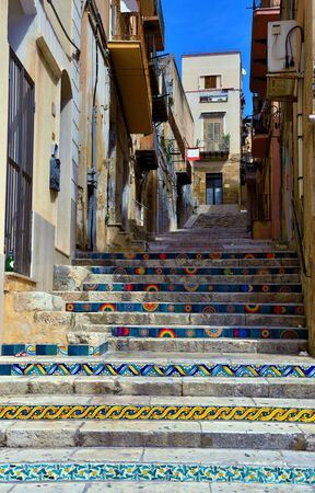characteristic ceramic majolica staircase in Sciacca Sicily Italyの写真素材