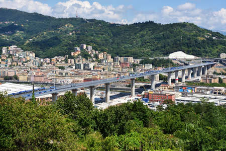 testing and load tests of the new genoa bridge with trucks and radio-controlled trolleys July 20 2020 Genoa Italyのeditorial素材