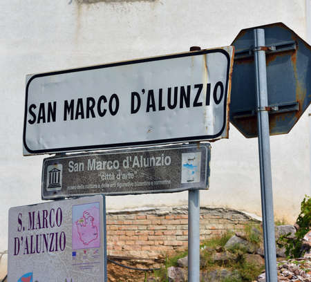 sign for motorists at the beginning of the town the village is one of the most beautiful villages in Italy Sep 18 2020 San Marco d'Alunzio Sicily Italyのeditorial素材