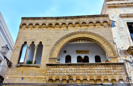 characteristic balconies of the historical center of Gallipoli Italyの写真素材