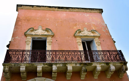 characteristic balconies of the historical center of Gallipoli Italyの写真素材