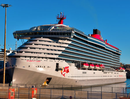 Scarlet Lady is a cruise ship of the US company Virgin Voyages. It is the first ship and flagship of the company moored in the Ligurian port December 13 2020 Genoa Italyのeditorial素材