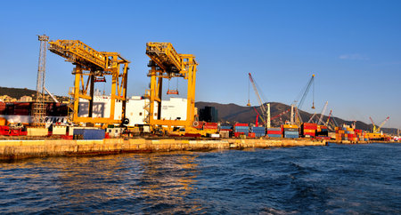 large cranes for container handling in the port terminal December 13 2020 Genoa Italyのeditorial素材