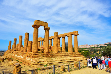 tourists in the valley of the temples: the temple of Juno September 28 2018 Agrigento Italyのeditorial素材
