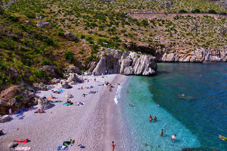 cove and beach in the Parco dello Zingaro nature reserve in the province of Trapanii 21 Sep 2021 San Vito lo Capo Italyのeditorial素材