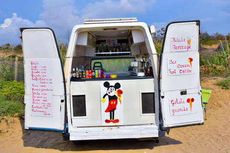 van on the beach of sampieri that sells drinks, ice cream, coffee, granite September 17 2018 Ragusa...