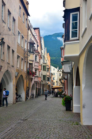the historic pedestrian center of the village - July 6 2018 Bressanone Italy