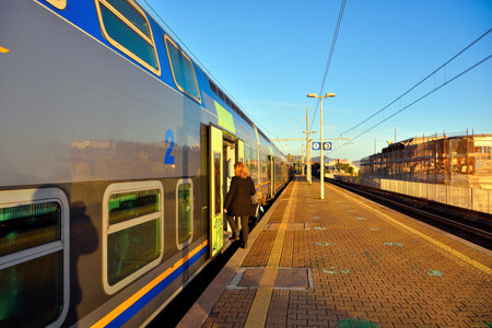 the genoa nervi railway station and a regional train ready to goi 22 Feb 2022 Genoa Italyのeditorial素材