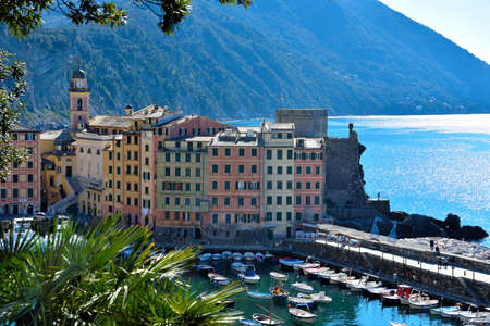 the small port of Camogli and a glimpse of the village 28 Feb 2022 Genoa Italyのeditorial素材