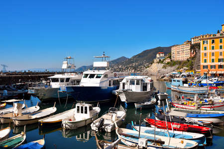 the small port of Camogli and a glimpse of the village 28 Feb 2022 Genoa Italyのeditorial素材