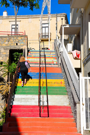 picturesque colored stairs in the historic center Montalbano Jonico Basilicata Italyの写真素材