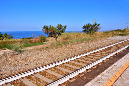 railway on the sea in Zambrone Italyの写真素材