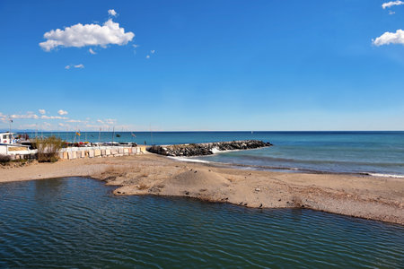 the mouth of the sansobbia torrent is a natural oasis albissola marina italyの写真素材