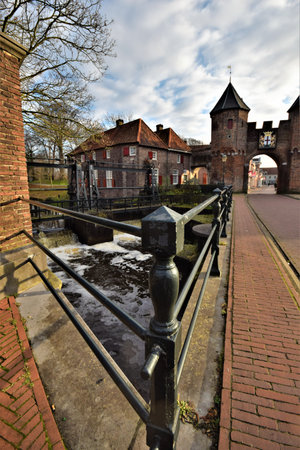 Perspective wide angle view from the Koppelpoort in the historical center of Amersfoortの写真素材