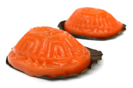 Close up of tortoise cakes on white background.の写真素材