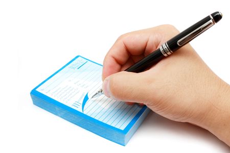 Hand writing memo with black ball pen on white background.の写真素材