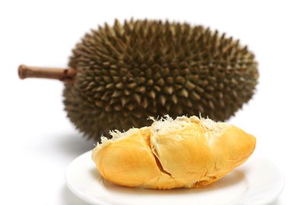 Close up of peeled durian isolated on white background.