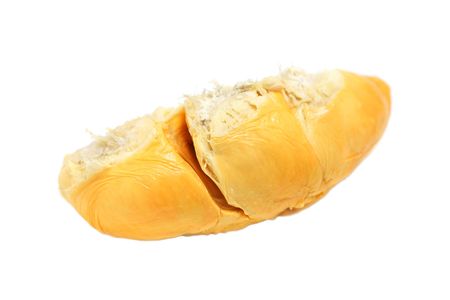 Close up of peeled durian flesh isolated on white background.の写真素材