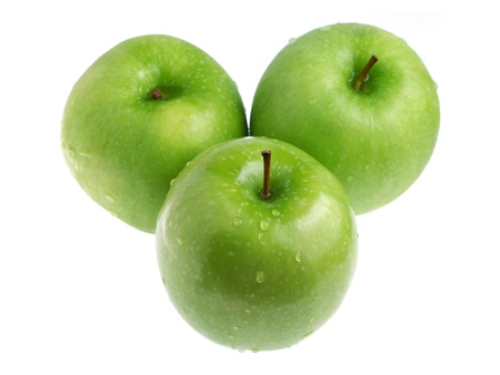 Three green apples isolated on white background.の写真素材