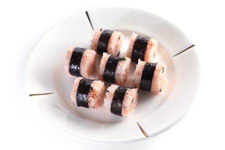 Japanese sushi rolls on white background.の写真素材