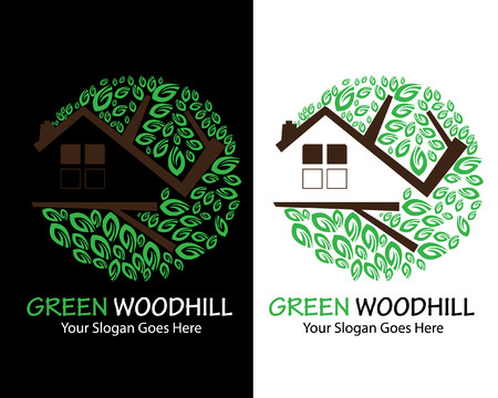 Tree house logo template Green and nature icon design for real estate. Vector art illustration of organic building from leavesのイラスト素材