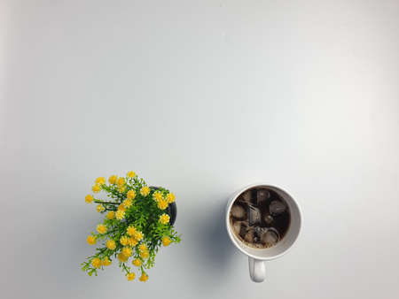 a cup of iced americano coffee and artificial plant pot, with copy space, isolated on a white background.の写真素材
