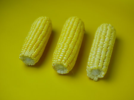 peeled corn isolated on a yellow background. for the concept of healthy food and vegetables. flat lay lookの写真素材