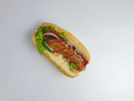 hotdog complete with sauce, lettuce, tomato and cucumber. isolated on a white backgroundの写真素材
