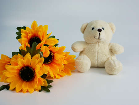 flowers and teddy bear with copy space. concept photoの写真素材