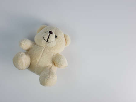 top view of white teddy bear isolated on a white background. copy space ready to add textの写真素材