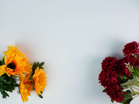 artificial sunflowers and carnations with copy space on a white background. ready to add textの写真素材