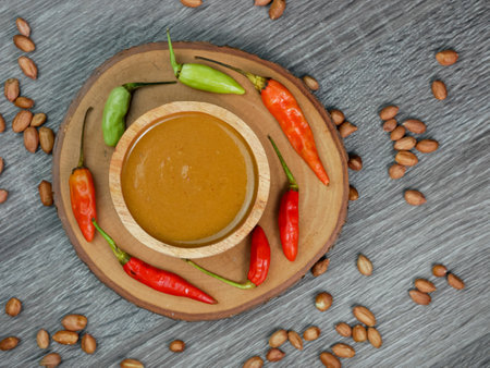 peanut sauce in a small wooden bowl on a gray wood texture background.の写真素材