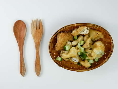 batagor or fried dumplings on a bamboo plateの写真素材
