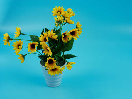 artificial sunflower in pot isolated on blue background.の写真素材