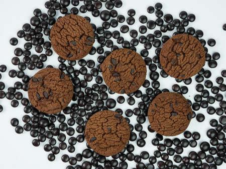 top view collection of Chocolate chip cookies on white background.