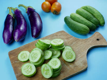 eggplant, tomato and cucumber. healthy vegetable food concept.の写真素材