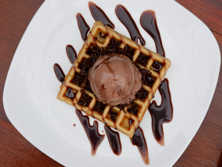 chocolate waffle with ice cream topping and chocolate sprinklesの写真素材