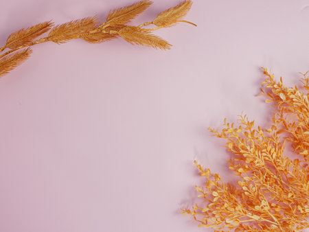 golden decorative flowers on pink pastel background with copy spaceの写真素材