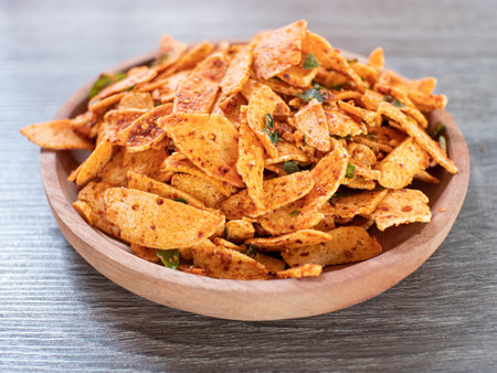 basreng or spicy chips made from fried baso. A typical Sundanese, Indonesian spicy crispy snack.