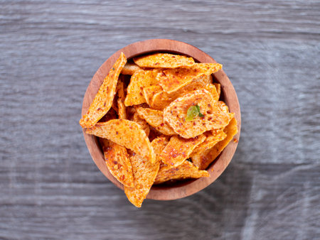 top view of basreng or spicy chips made from fried baso. A typical Sundanese, Indonesian spicy...