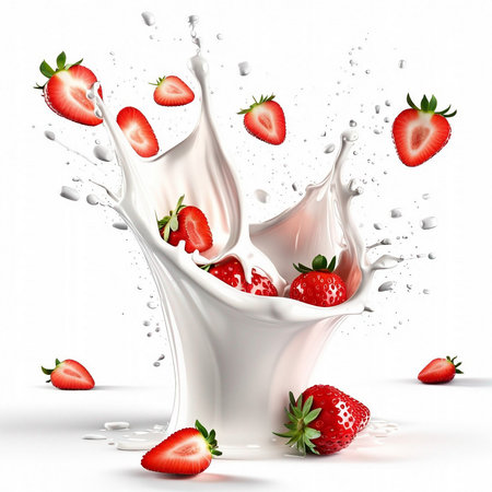 milk or yogurt splash with strawberries isolated on white background 3d renderの素材